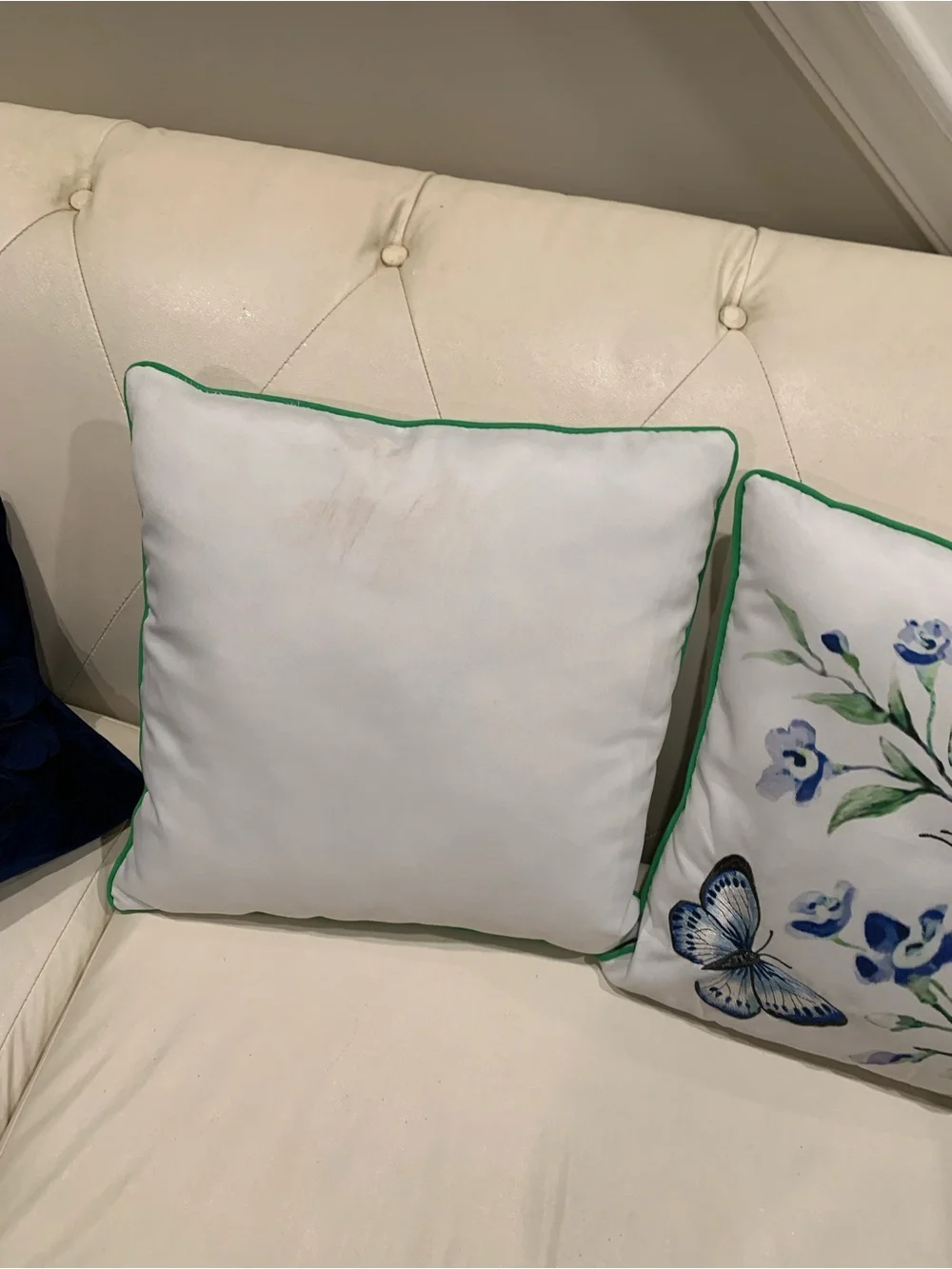 Botanical Butterfly Decorative Throw Pillow - White with Green Trim